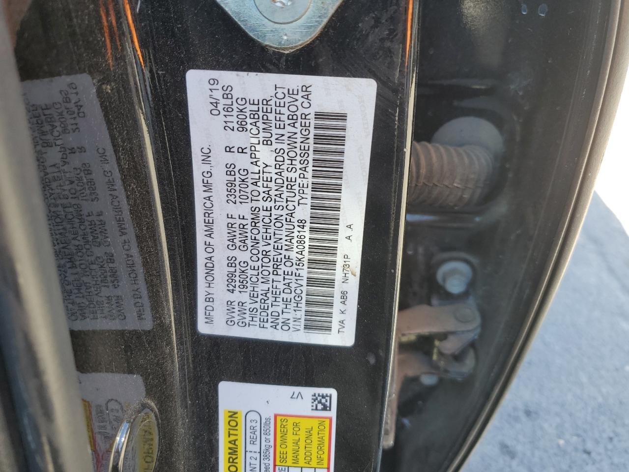 1HGCV1F15KA086148 2019 Honda Accord Lx