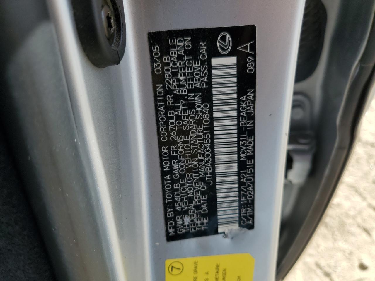 2005 Lexus Es 330 VIN: JTHBA30G455110840 Lot: 52336584