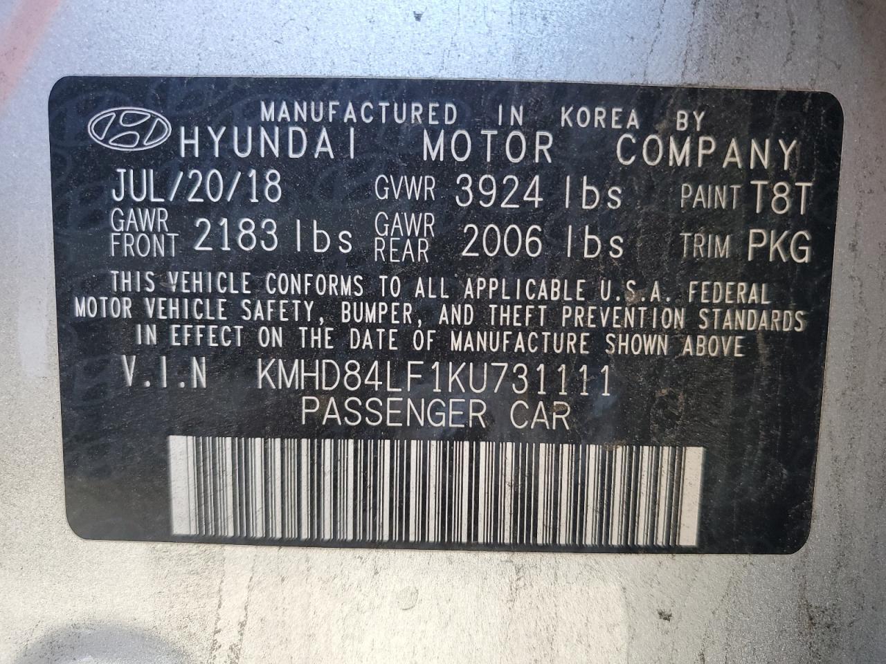 2019 Hyundai Elantra Sel VIN: KMHD84LF1KU731111 Lot: 50688834