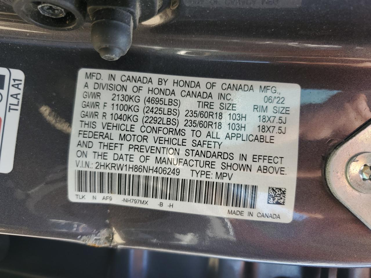 2022 Honda Cr-V Exl VIN: 2HKRW1H86NH406249 Lot: 47248454