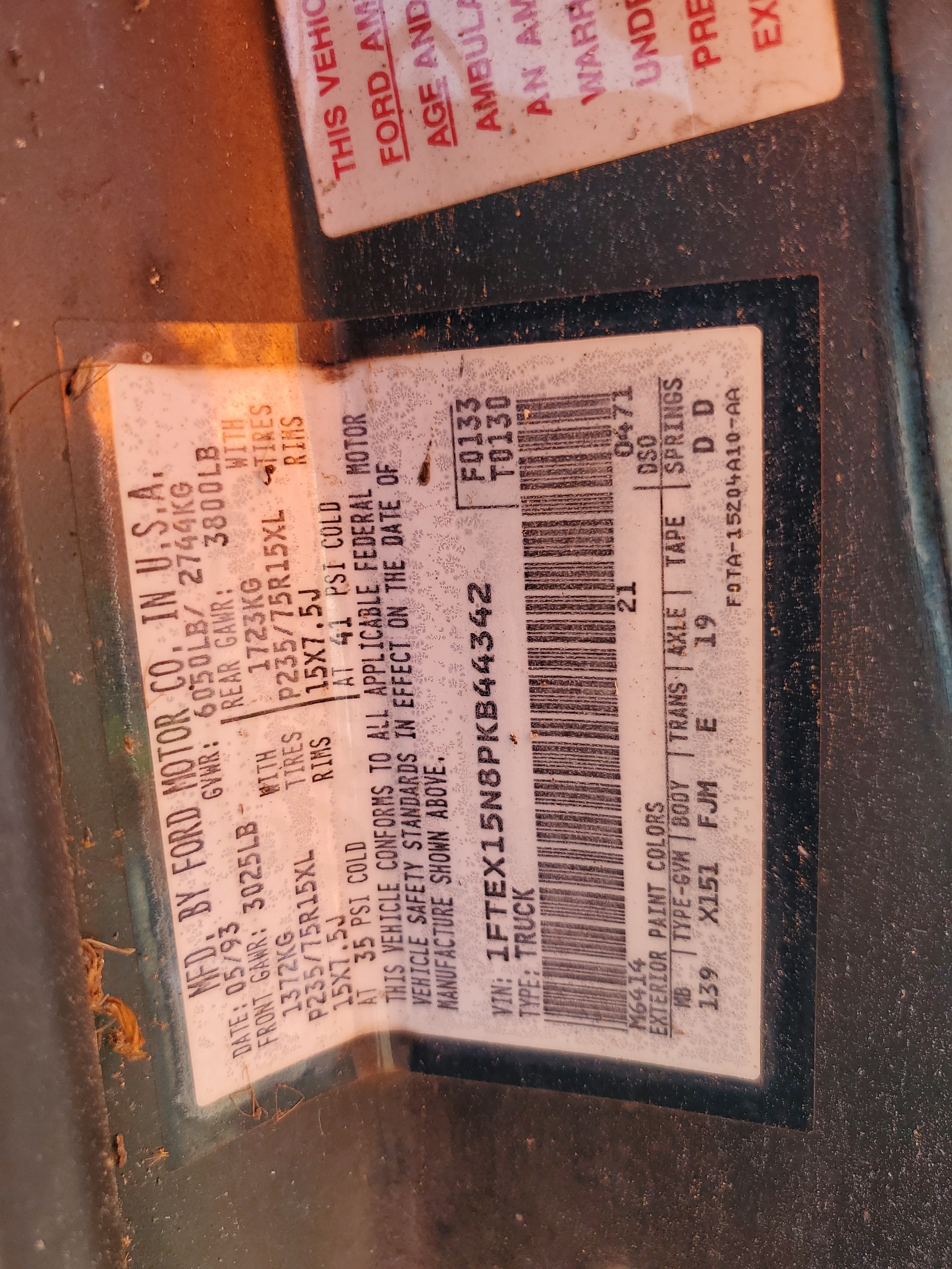 1FTEX15N8PKB44342 1993 Ford F150