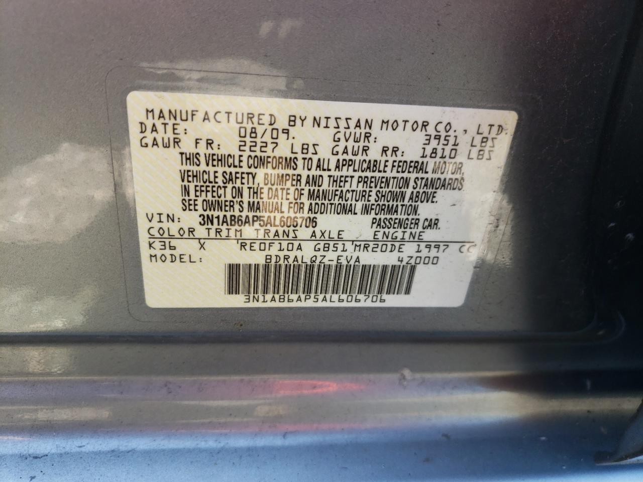 2010 Nissan Sentra 2.0 VIN: 3N1AB6AP5AL606706 Lot: 52603324