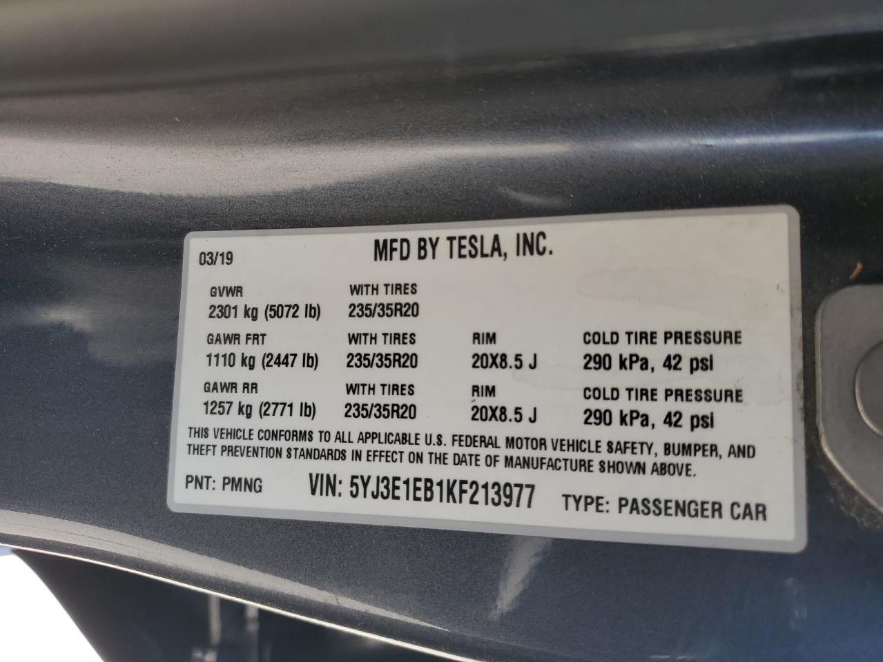 5YJ3E1EB1KF213977 2019 Tesla Model 3