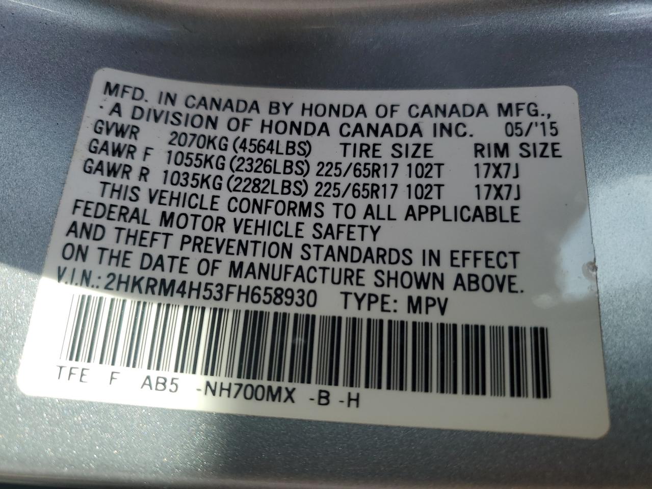 2015 Honda Cr-V Ex VIN: 2HKRM4H53FH658930 Lot: 49193214