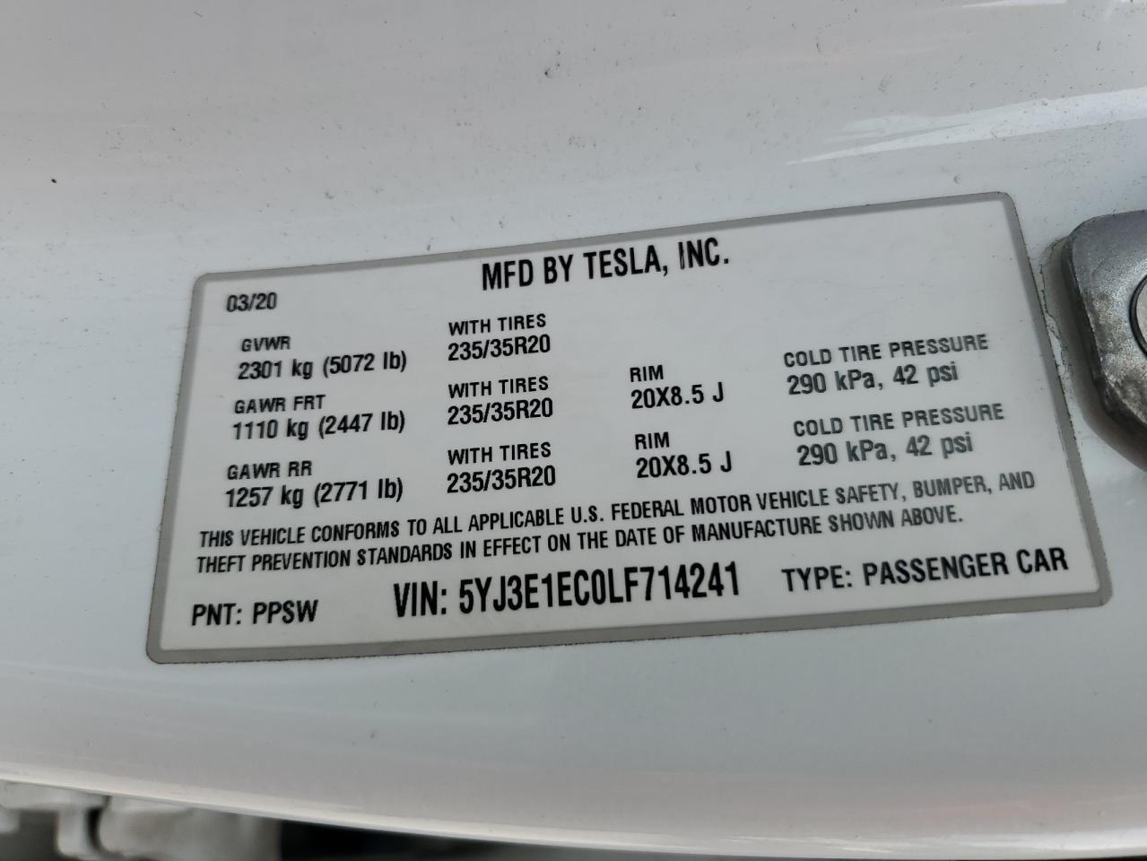 5YJ3E1EC0LF714241 2020 Tesla Model 3