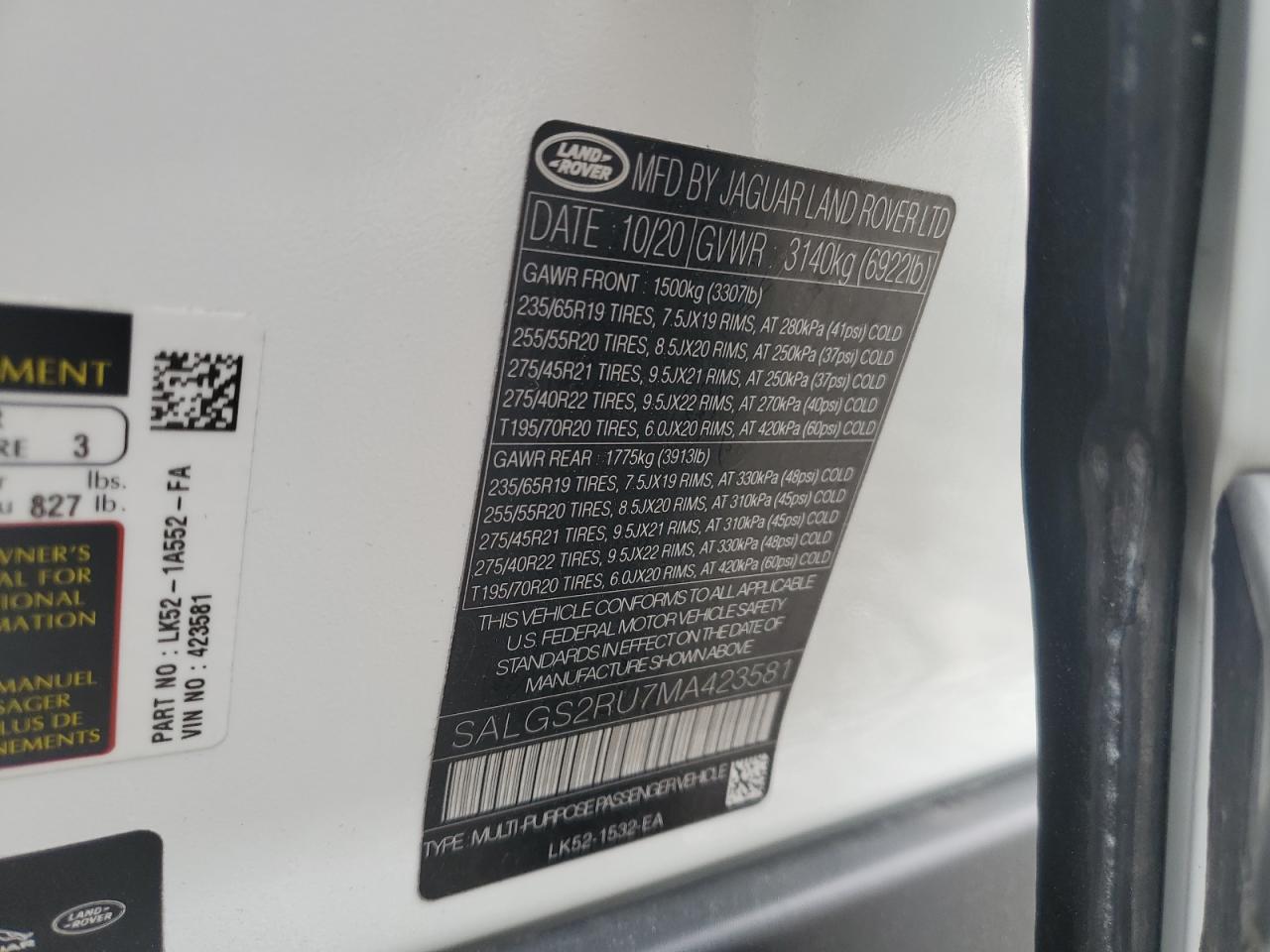 2021 Land Rover Range Rover Hse Westminster Edition VIN: SALGS2RU7MA423581 Lot: 52378904