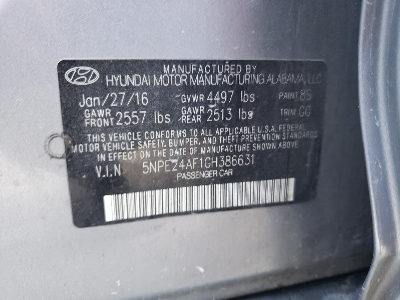 2016 Hyundai Sonata Se VIN: 5NPE24AF1GH386631 Lot: 50452744