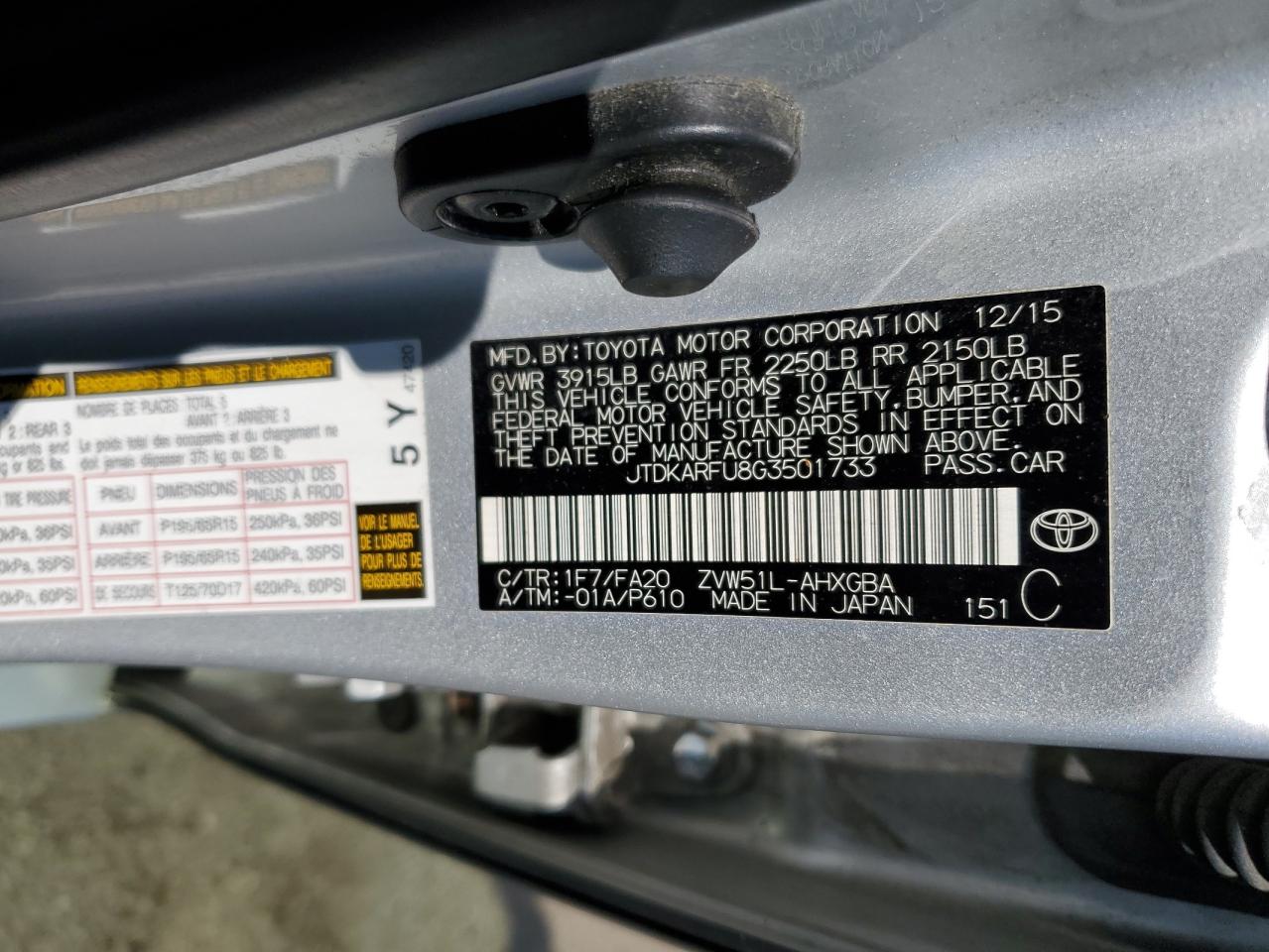 2016 Toyota Prius VIN: JTDKARFU8G3501733 Lot: 52205344