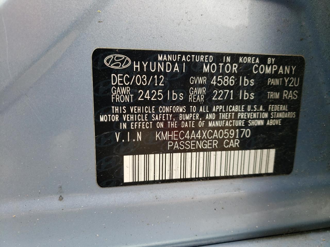 2012 Hyundai Sonata Hybrid VIN: KMHEC4A4XCA059170 Lot: 50698324