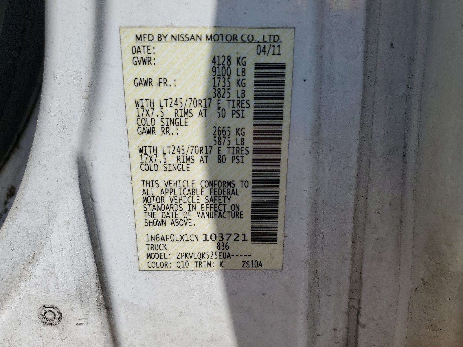 1N6AF0LX1CN103721 2012 Nissan Nv 2500