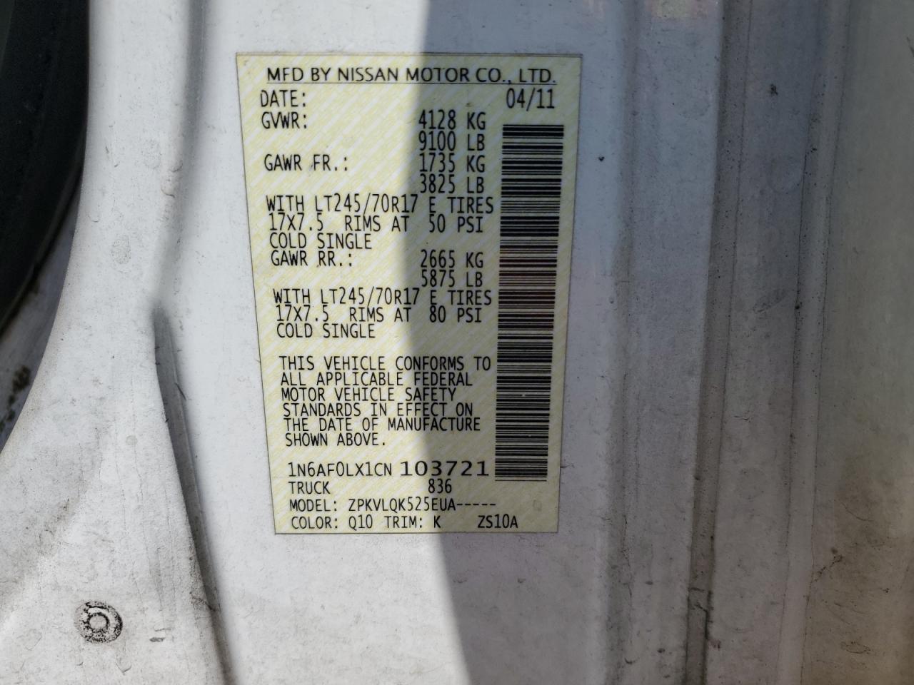 2012 Nissan Nv 2500 VIN: 1N6AF0LX1CN103721 Lot: 51658814