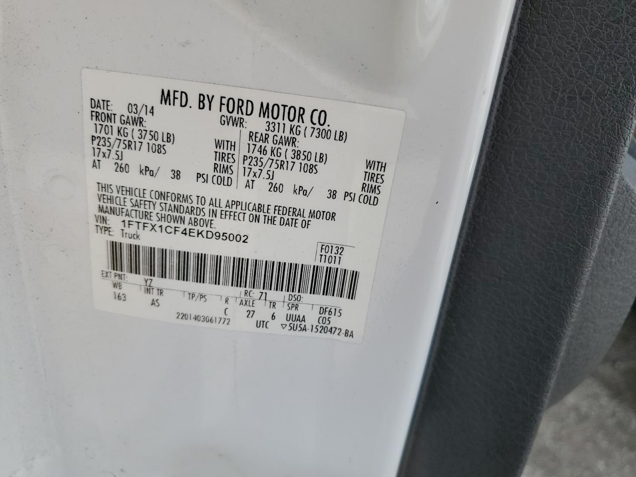 2014 Ford F150 Super Cab VIN: 1FTFX1CF4EKD95002 Lot: 51786764