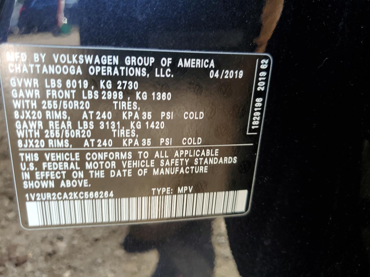 1V2UR2CA2KC566264 2019 Volkswagen Atlas Se