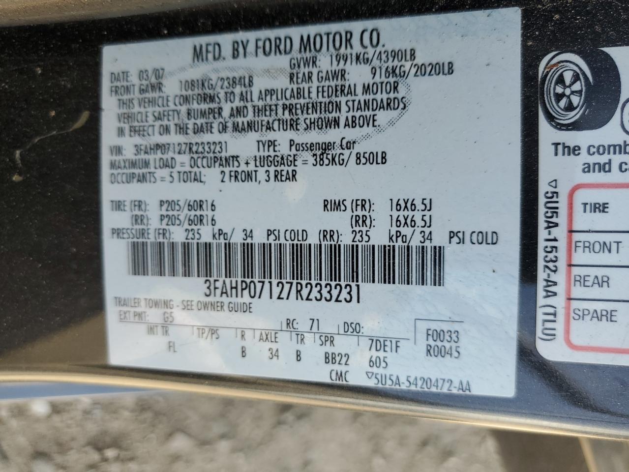 2007 Ford Fusion Se VIN: 3FAHP07127R233231 Lot: 66436834