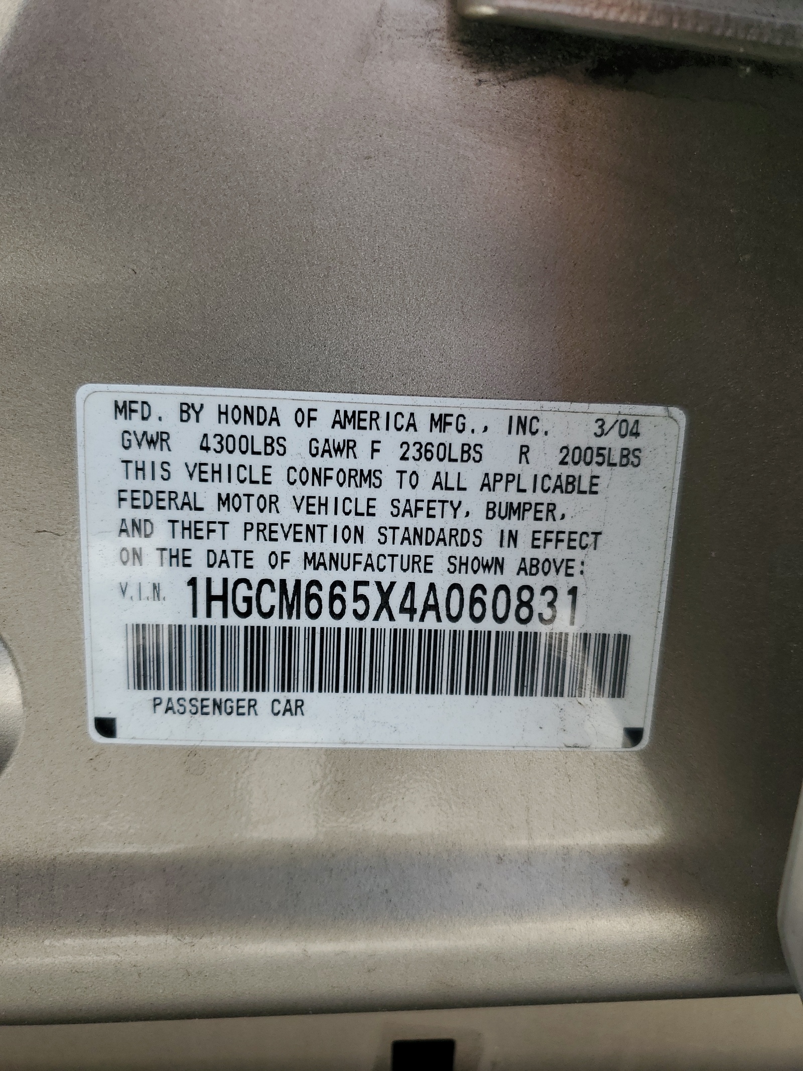 1HGCM665X4A060831 2004 Honda Accord Ex