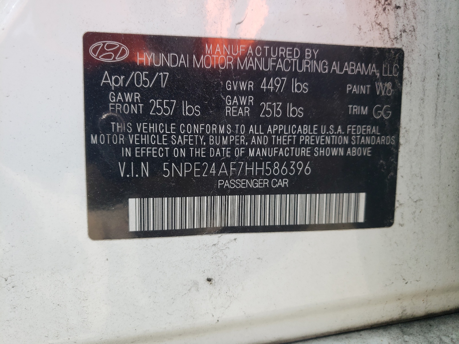 5NPE24AF7HH586396 2017 Hyundai Sonata Se