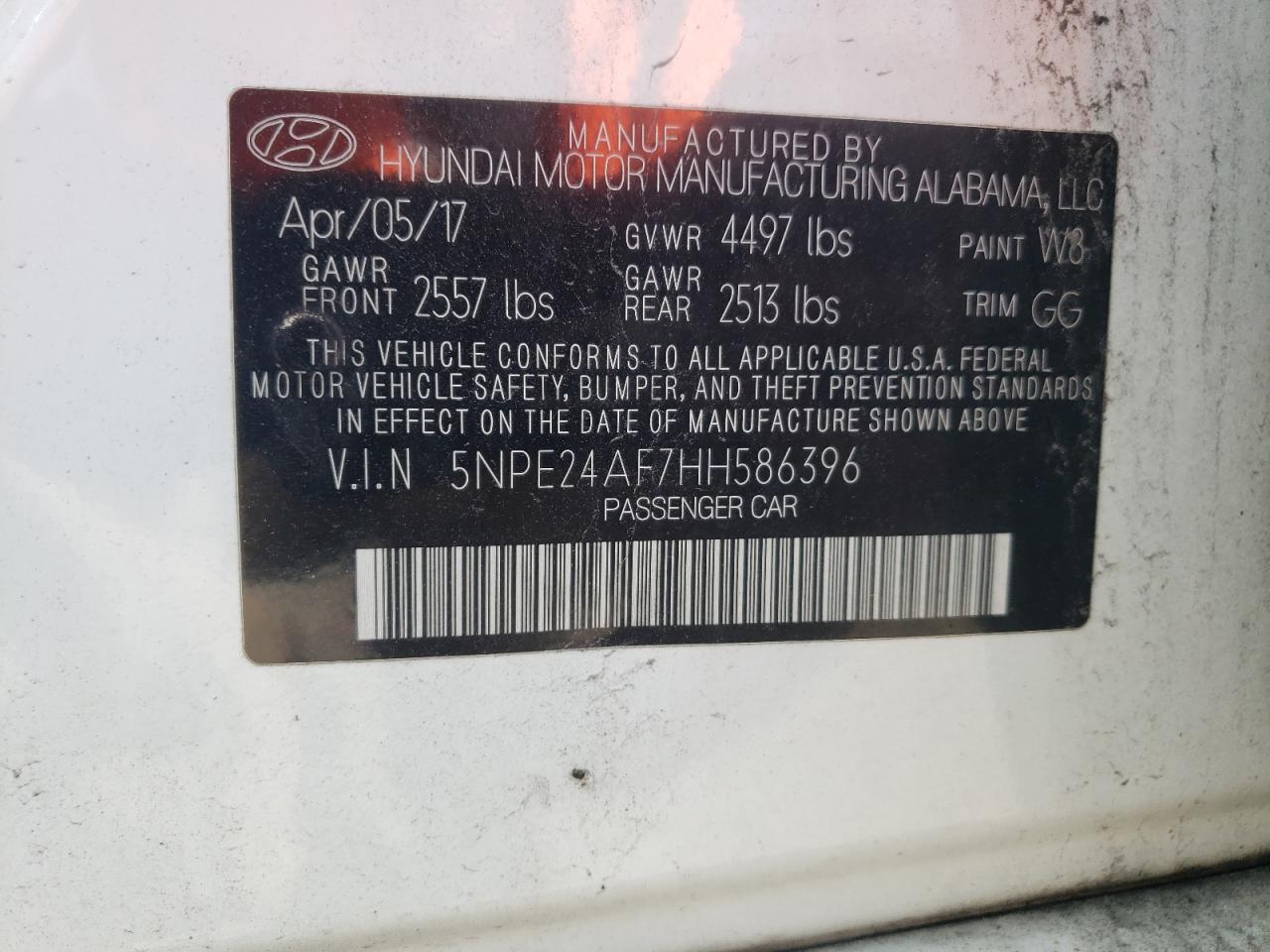 2017 Hyundai Sonata Se VIN: 5NPE24AF7HH586396 Lot: 52896564