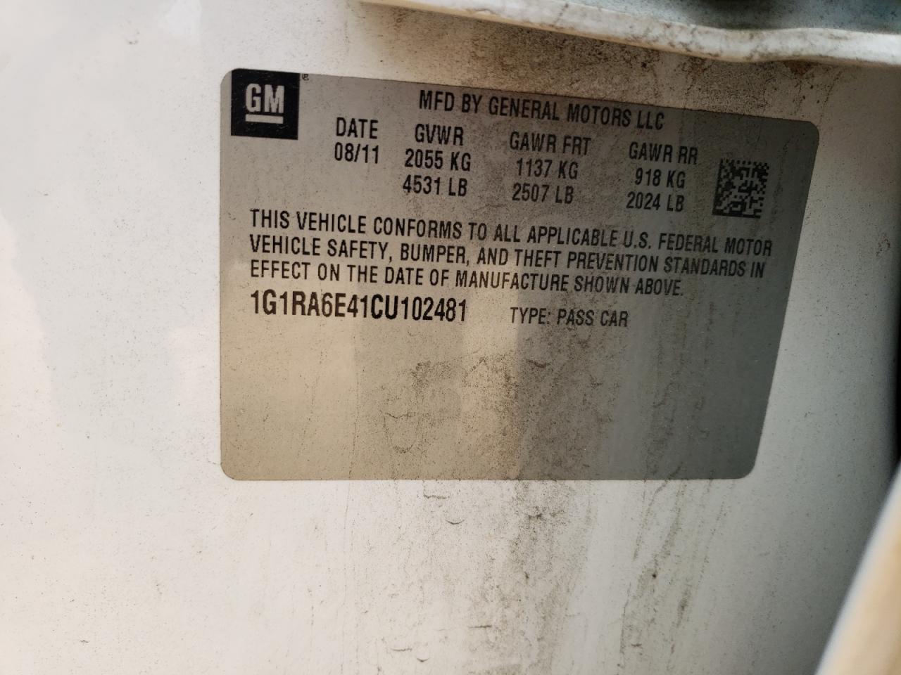 2012 Chevrolet Volt VIN: 1G1RA6E41CU102481 Lot: 51371554