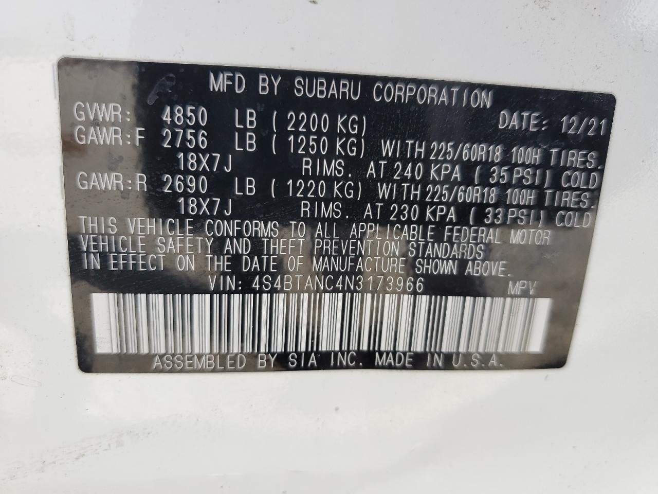 2022 Subaru Outback Limited VIN: 4S4BTANC4N3173966 Lot: 51845994