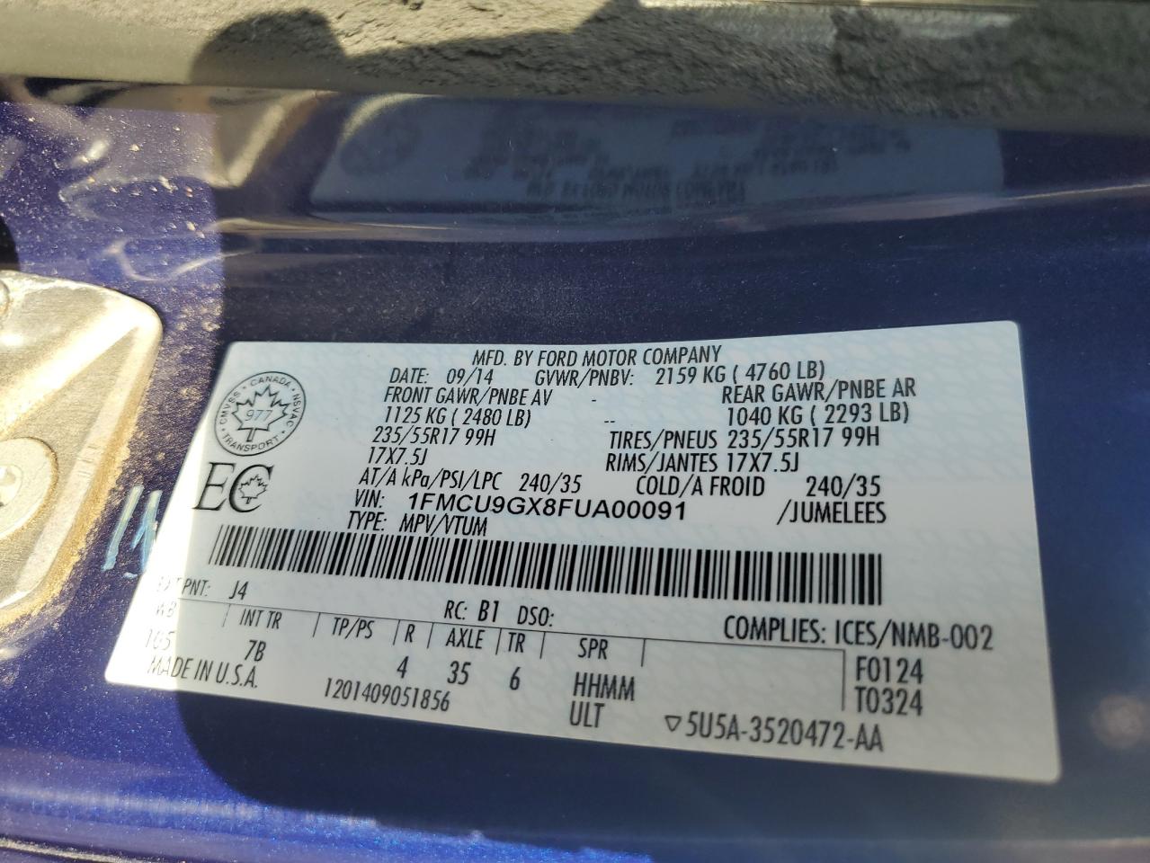 2015 Ford Escape Se VIN: 1FMCU9GX8FUA00091 Lot: 52845164