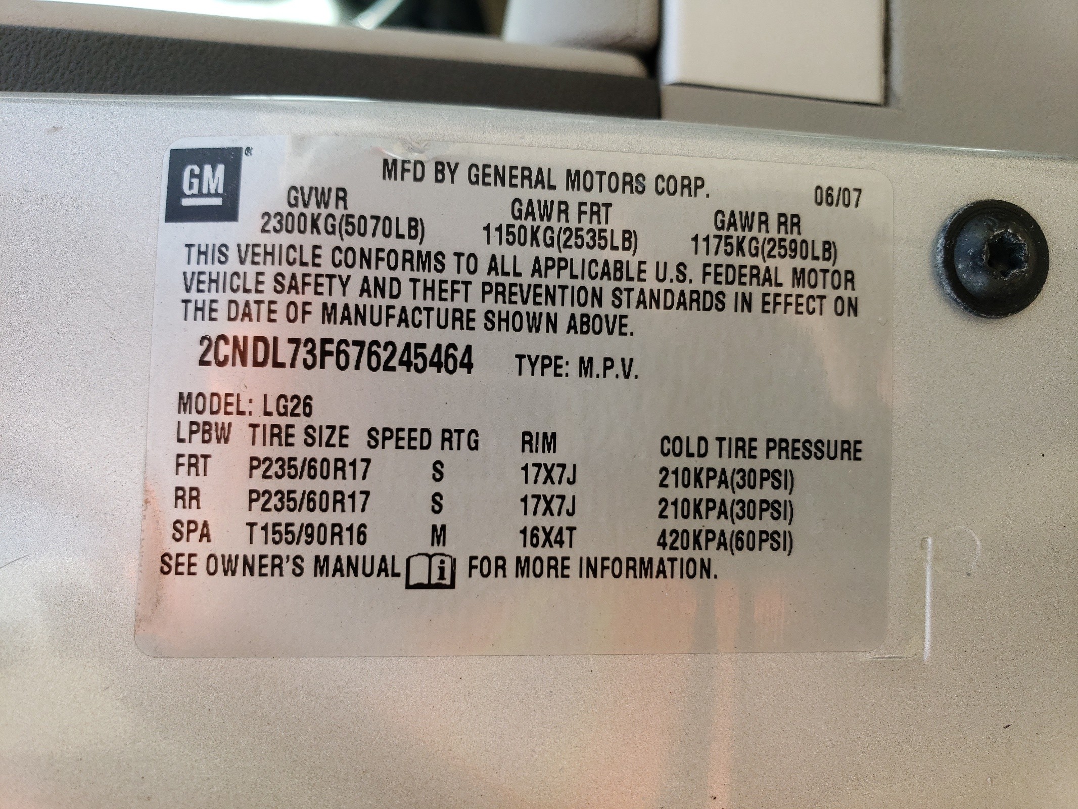 2CNDL73F676245464 2007 Chevrolet Equinox Lt