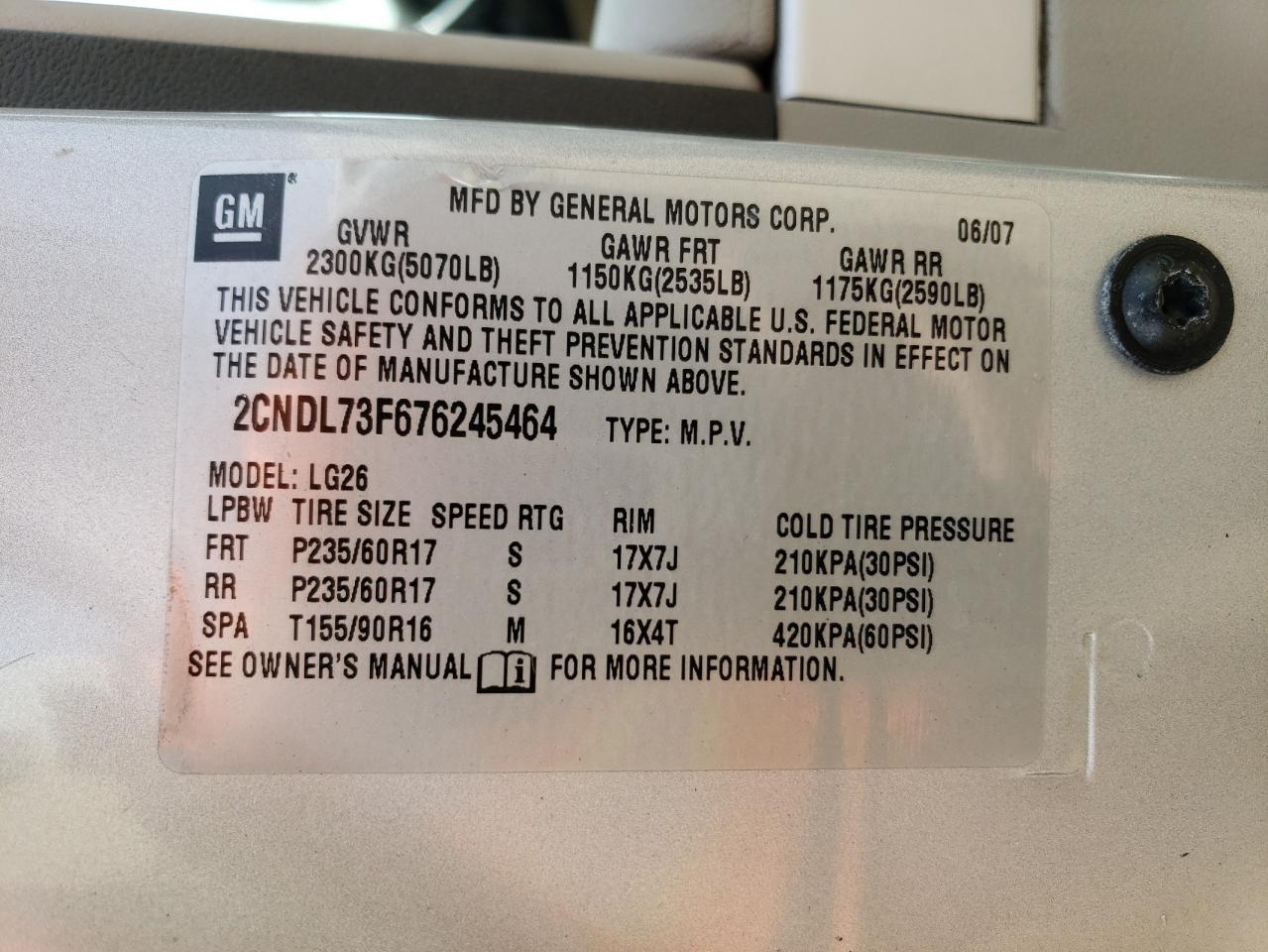 2007 Chevrolet Equinox Lt VIN: 2CNDL73F676245464 Lot: 52464754