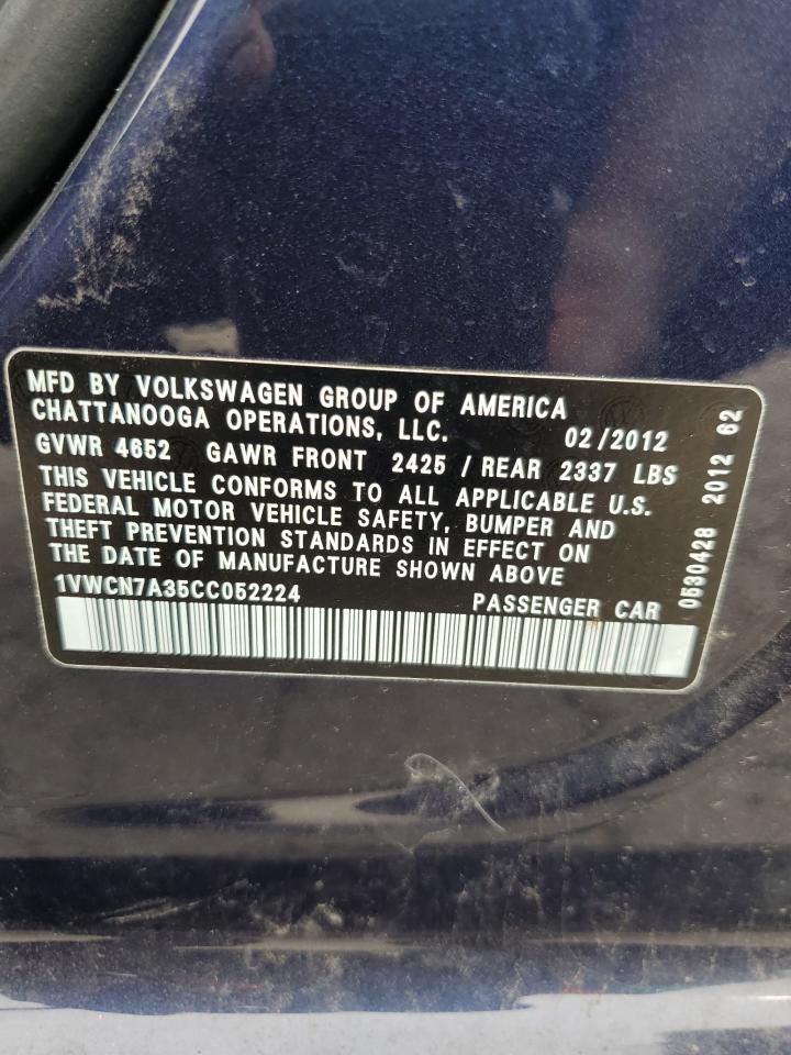 2012 Volkswagen Passat Sel VIN: 1VWCN7A35CC052224 Lot: 51169894