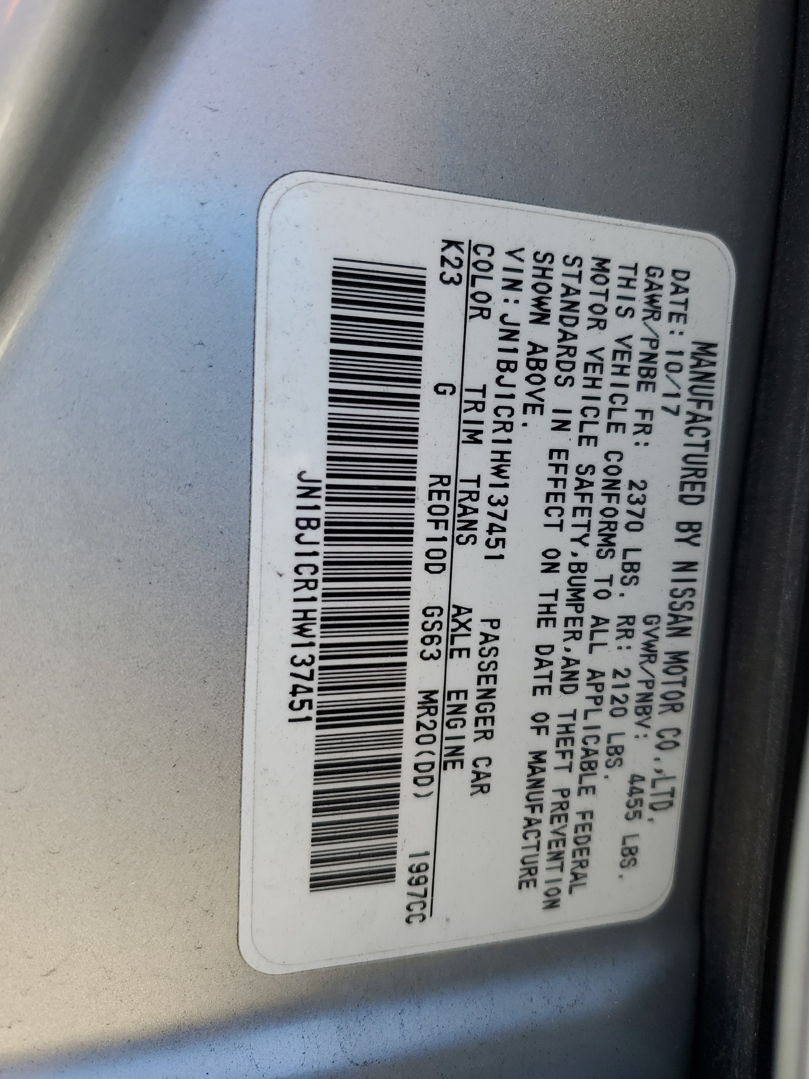 JN1BJ1CR1HW137451 2017 Nissan Rogue Sport S