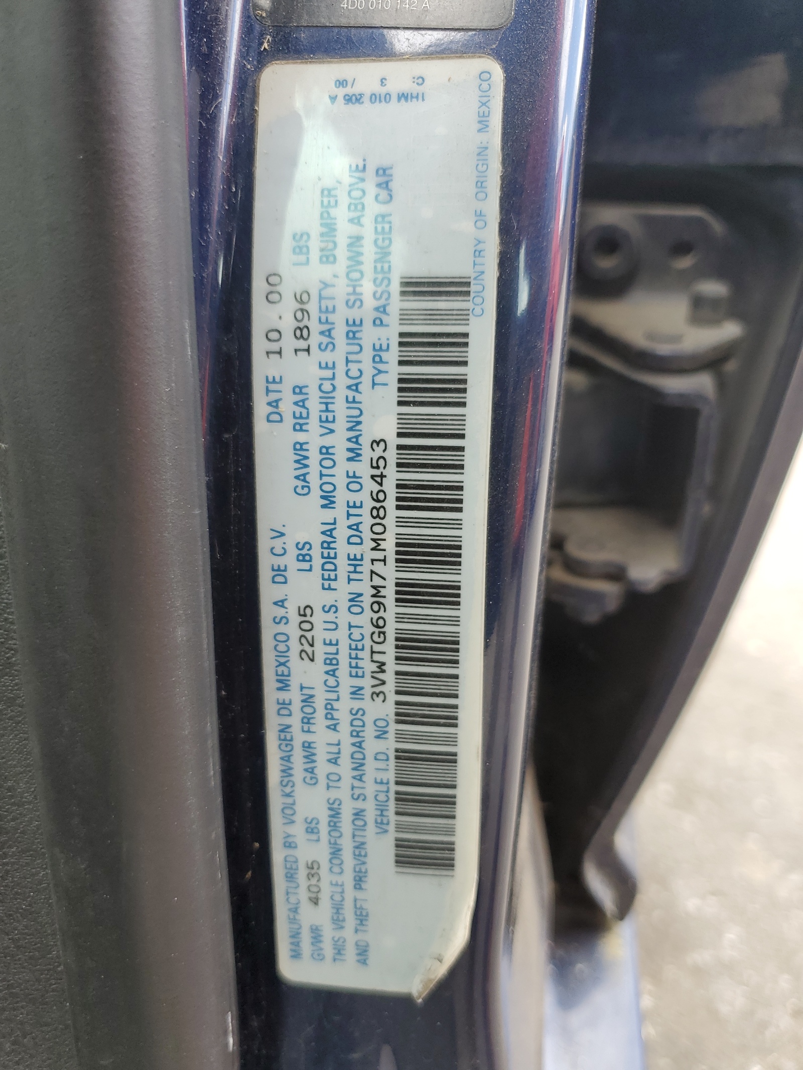 3VWTG69M71M086453 2001 Volkswagen Jetta Glx