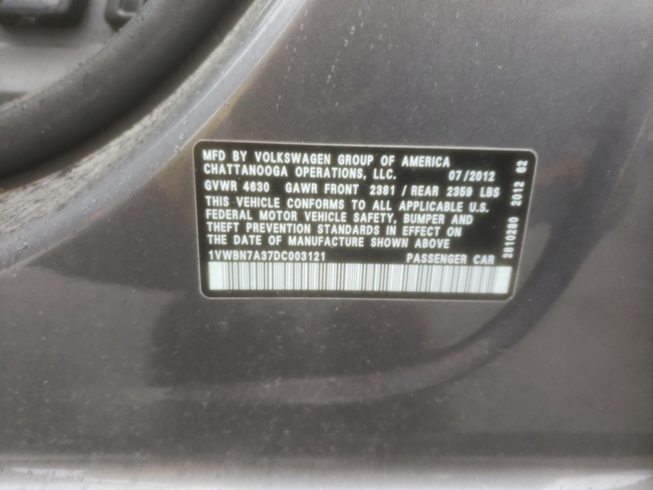 2013 Volkswagen Passat Se VIN: 1VWBN7A37DC003121 Lot: 82079625