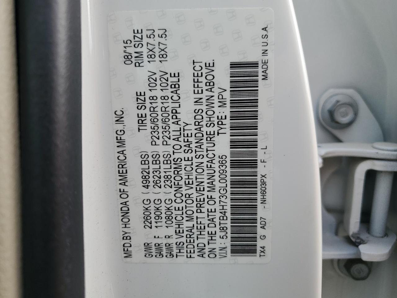 5J8TB4H73GL009365 2016 Acura Rdx Advance