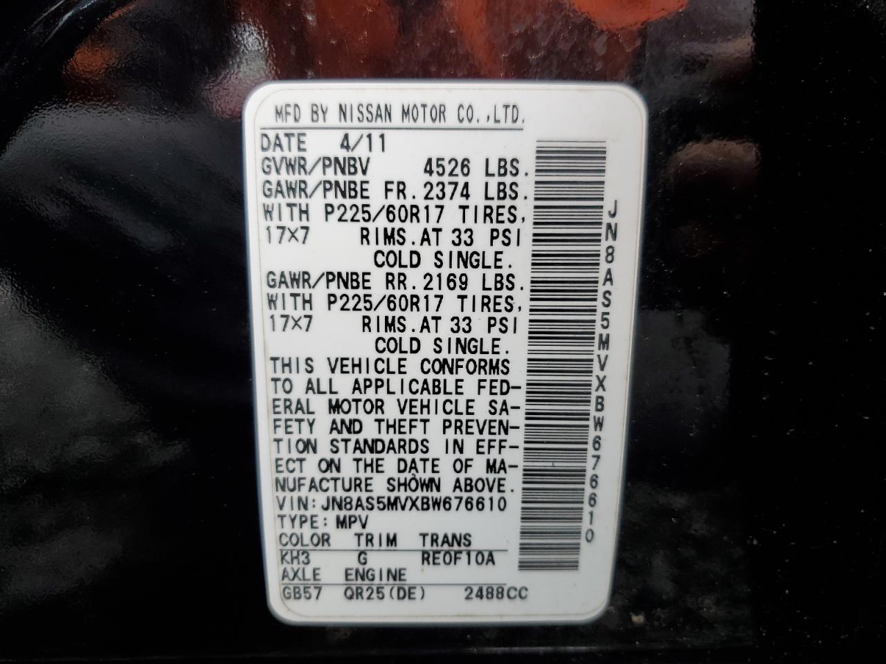 2011 Nissan Rogue S VIN: JN8AS5MVXBW676610 Lot: 49556544