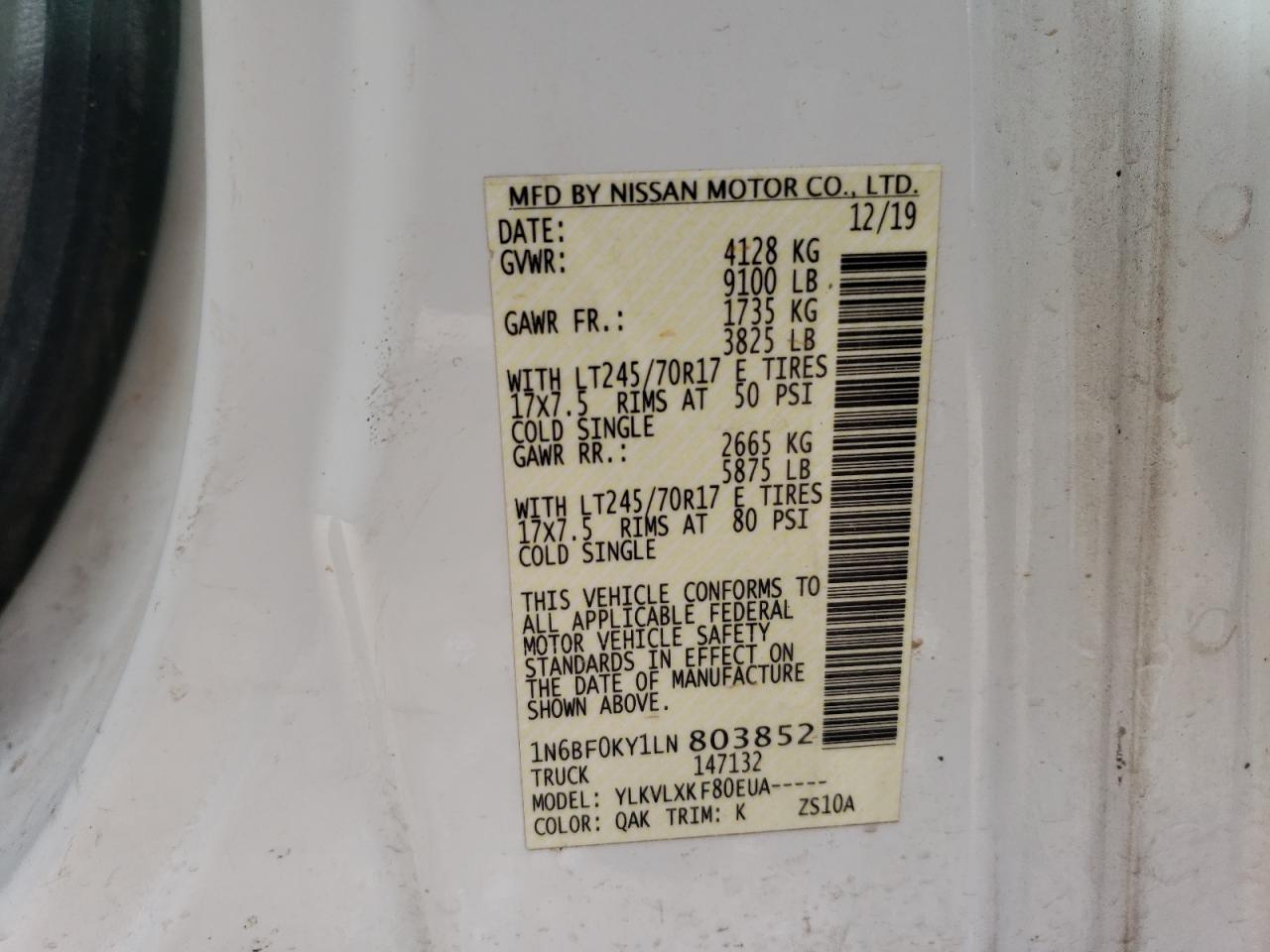 2020 Nissan Nv 2500 S VIN: 1N6BF0KY1LN803852 Lot: 49125834