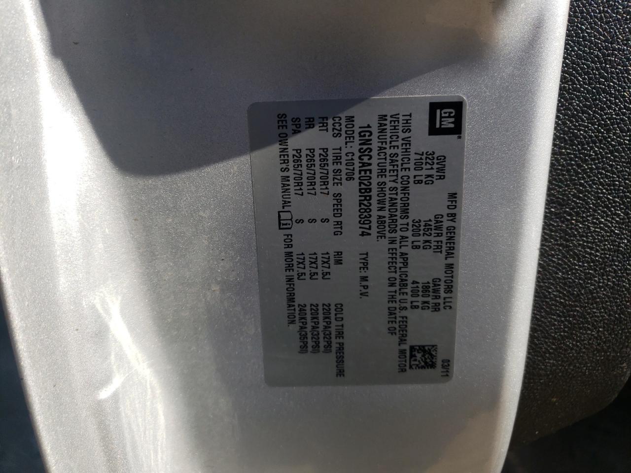 2011 Chevrolet Tahoe C1500 Ls VIN: 1GNSCAE02BR283974 Lot: 50792734