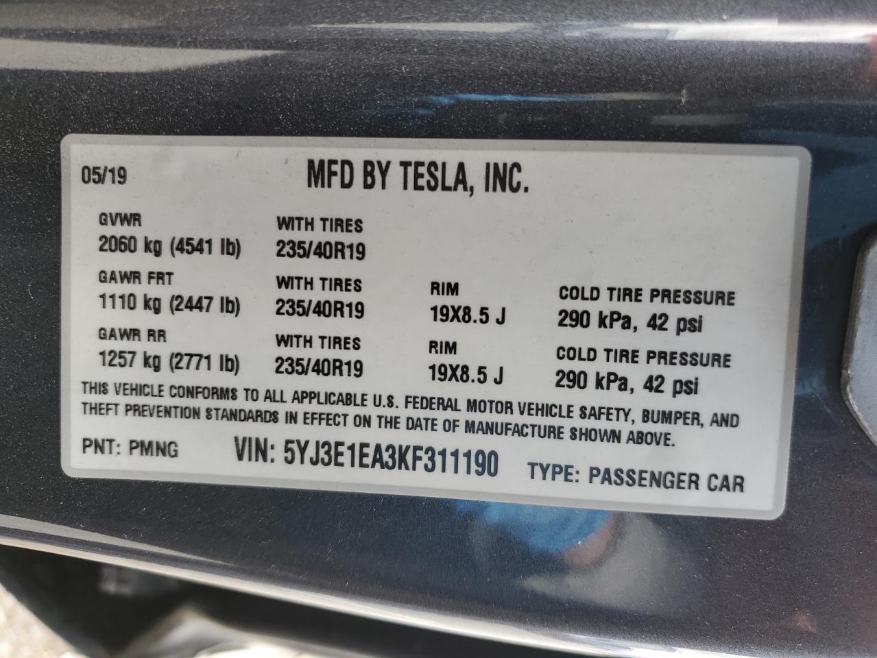 5YJ3E1EA3KF311190 2019 Tesla Model 3