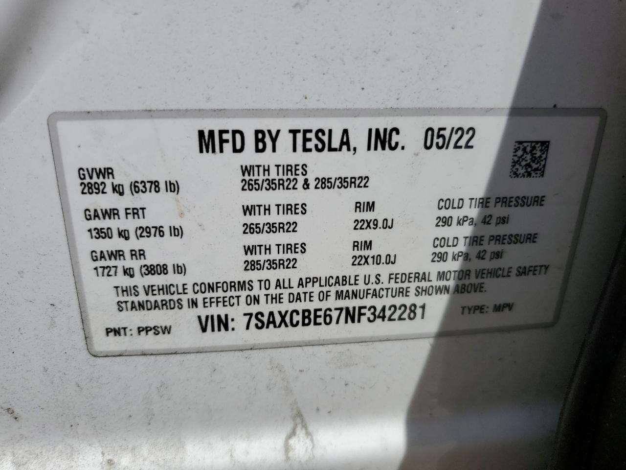 7SAXCBE67NF342281 2022 Tesla Model X