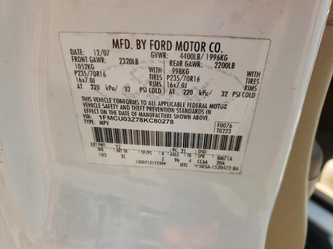 2008 Ford Escape Xlt VIN: 1FMCU03Z78KC80278 Lot: 50089854