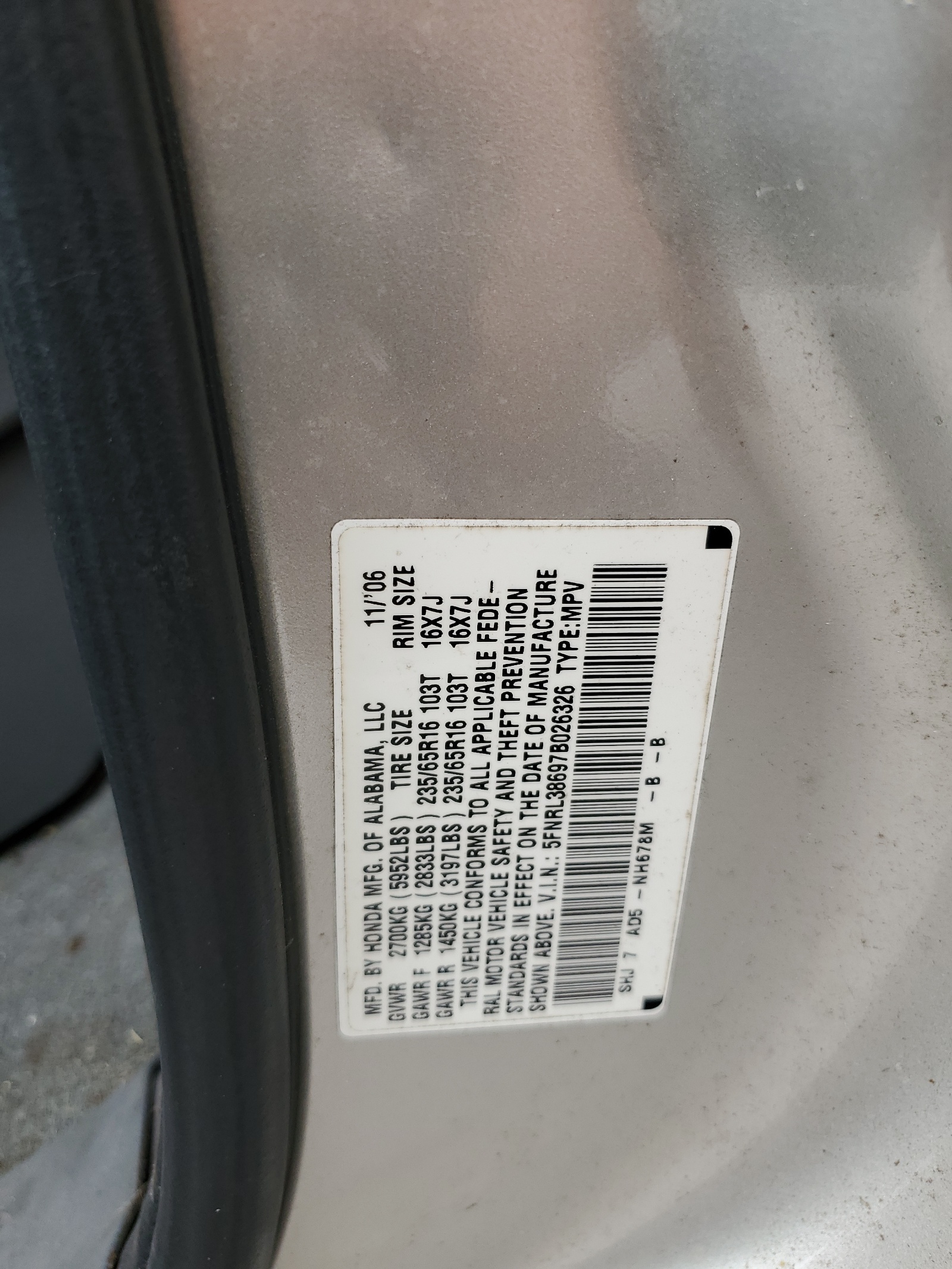 5FNRL38697B026326 2007 Honda Odyssey Exl