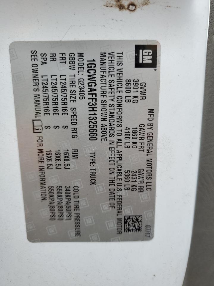 2017 Chevrolet Express G2500 VIN: 1GCWGAFF3H1325660 Lot: 85306785