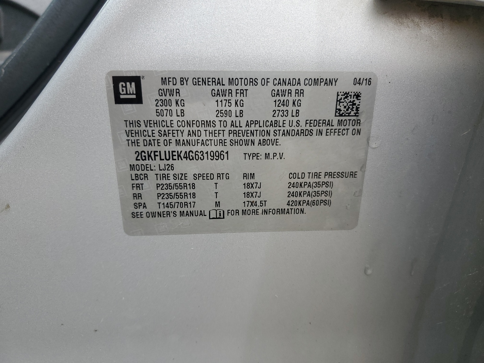 2GKFLUEK4G6319961 2016 GMC Terrain Slt