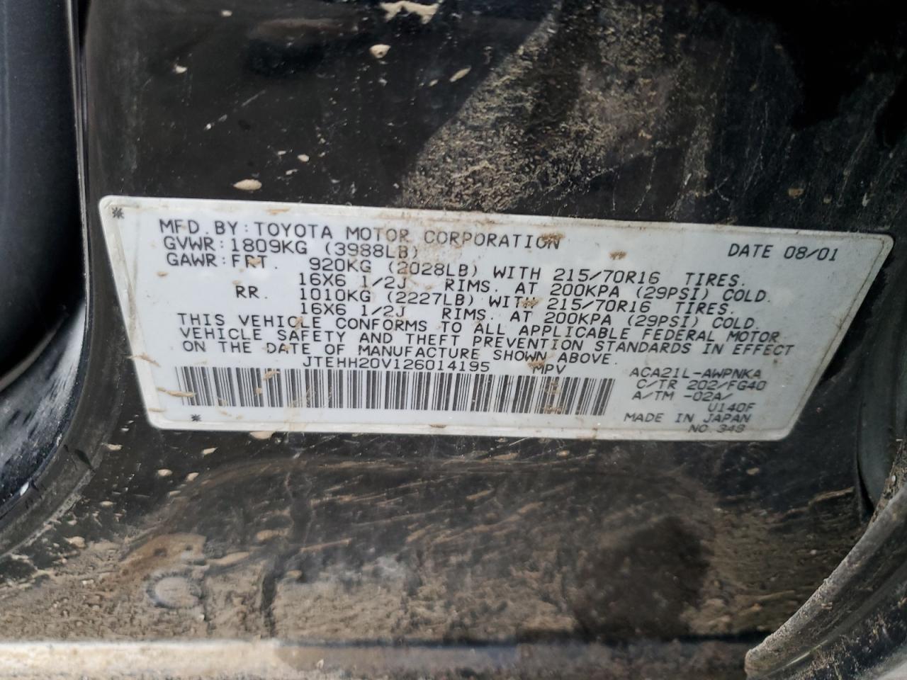 2002 Toyota Rav4 VIN: JTEHH20V126014195 Lot: 52568514