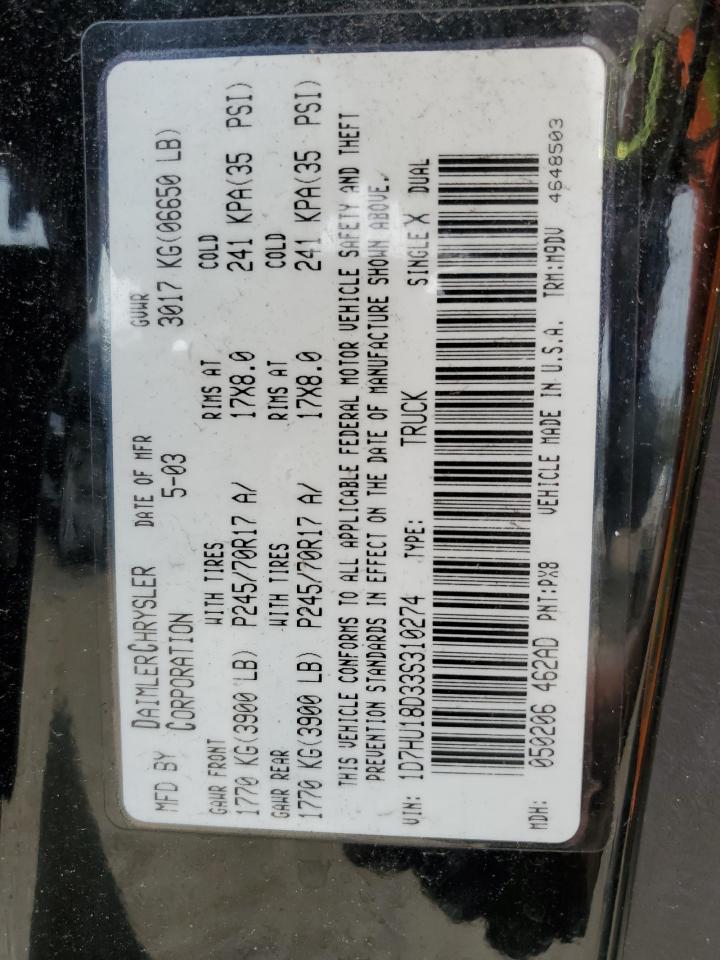 2003 Dodge Ram 1500 St VIN: 1D7HU18D33S310274 Lot: 49850504