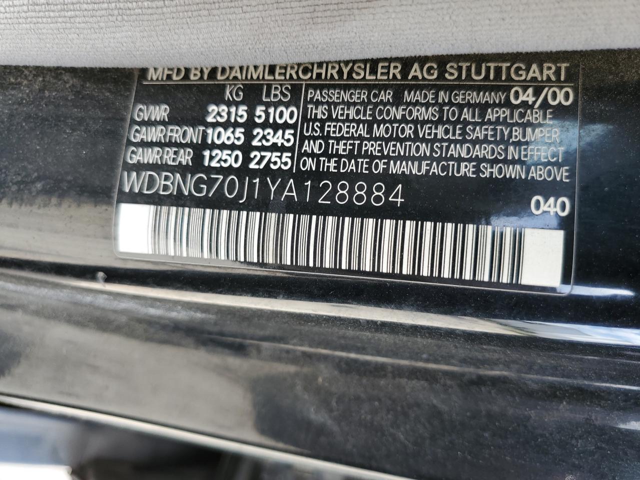 2000 Mercedes-Benz S 430 VIN: WDBNG70J1YA128884 Lot: 52871384