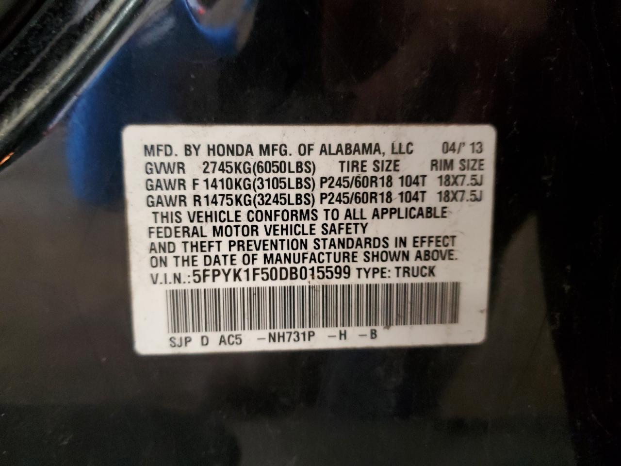 2013 Honda Ridgeline Rtl VIN: 5FPYK1F50DB015599 Lot: 50852074