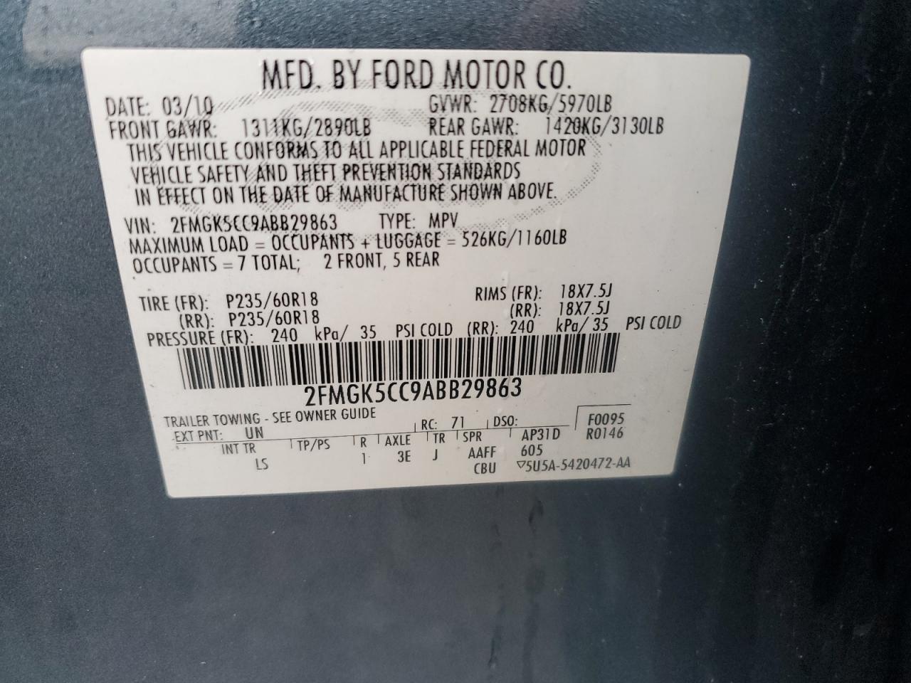 2010 Ford Flex Sel VIN: 2FMGK5CC9ABB29863 Lot: 48462024