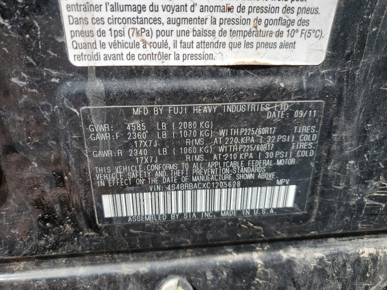 2012 Subaru Outback 2.5I VIN: 4S4BRBACXC1205628 Lot: 50909054