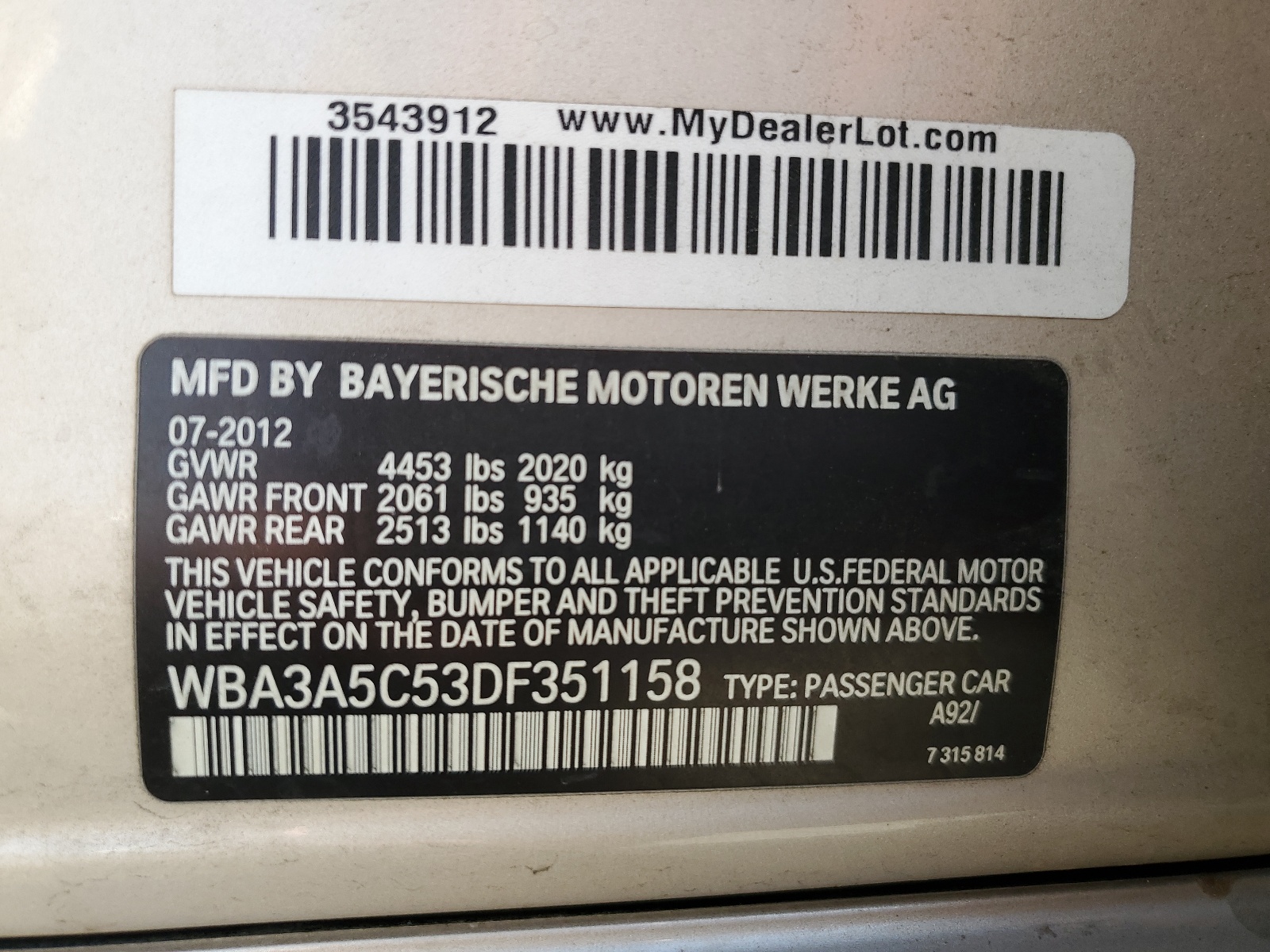 2013 BMW 328 I vin: WBA3A5C53DF351158