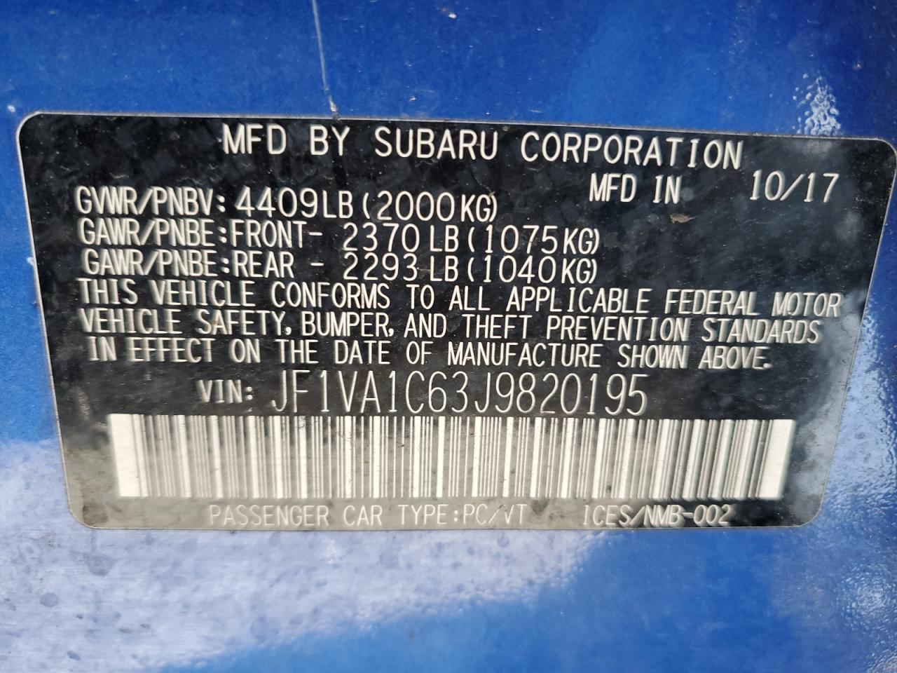 2018 Subaru Wrx Premium VIN: JF1VA1C63J9820195 Lot: 51612304