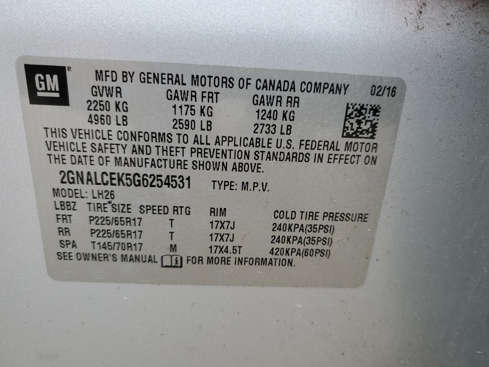 2GNALCEK5G6254531 2016 Chevrolet Equinox Lt