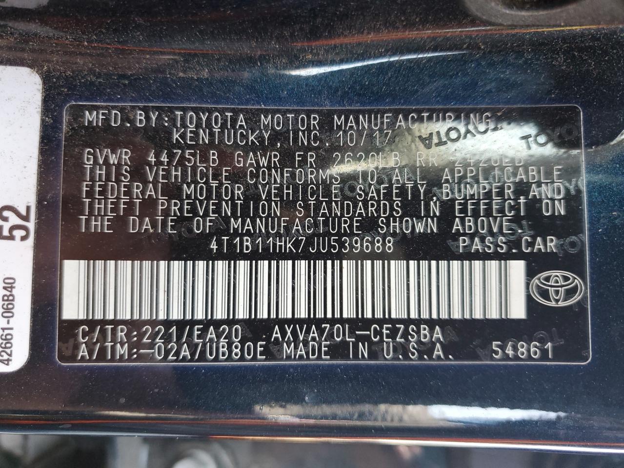 4T1B11HK7JU539688 2018 Toyota Camry L